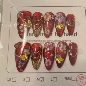 Red Floral Butterfly Press On Nails Medium Almond Handmade Armor